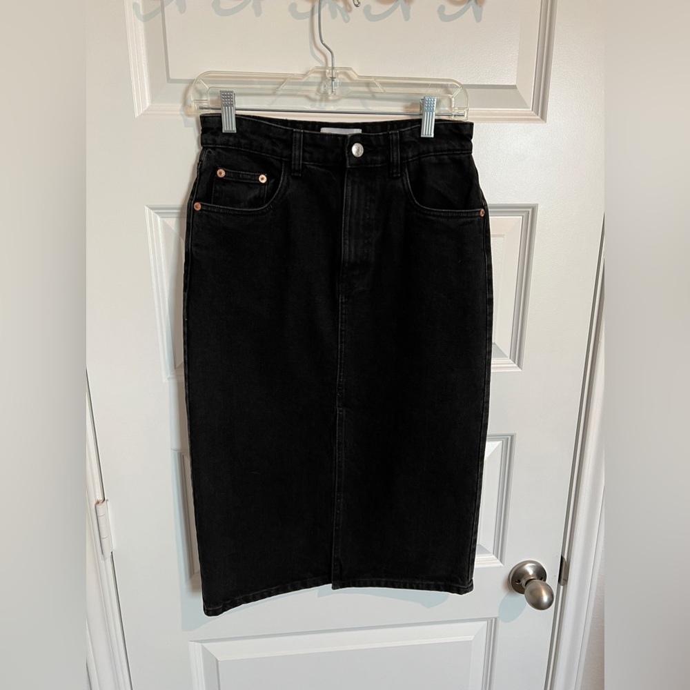 Zara black denim midi skirt with front split size medium